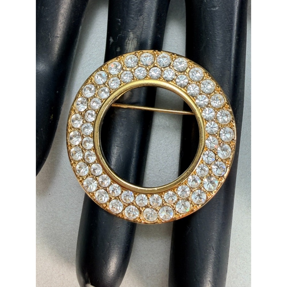Swarovski Gold Tone Clear Pave Crystal Rhinestone Circle Pin Brooch